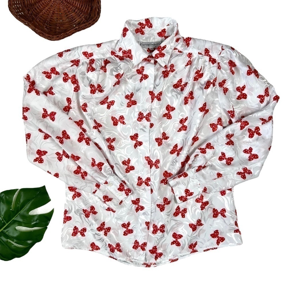 Investments 80s Vintage Red Bow Patterned Polkadot Printed Long Sleeve Blouse